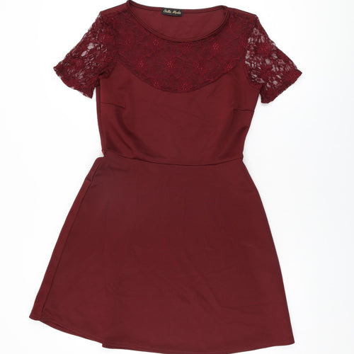 Bella Moda Womens Red Polyester Skater Dress Size 12 Round Neck Pullover