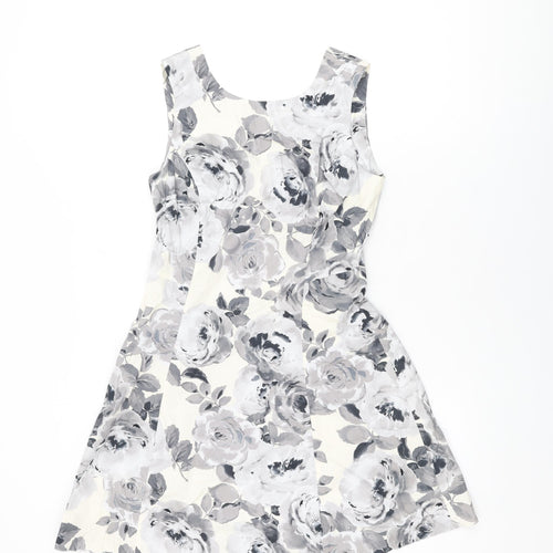 Dorothy Perkins Womens White Floral Cotton A-Line Size 8 Round Neck Zip