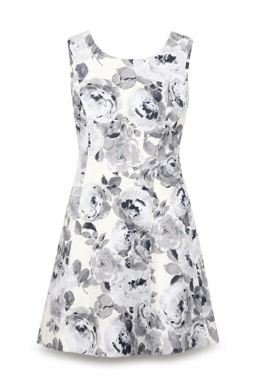 Front view of Dorothy Perkins women’s white floral cotton a-line, size UK 8, round neck zip