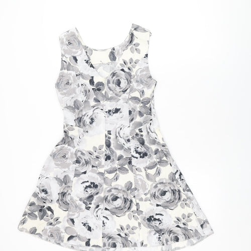 Dorothy Perkins Womens White Floral Cotton A-Line Size 8 Round Neck Zip