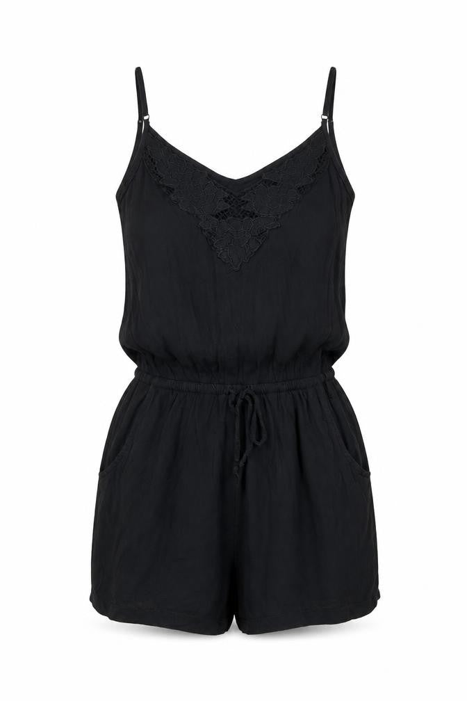 Front view of H&M women’s black viscose playsuit one-piece, size UK 4, pullover