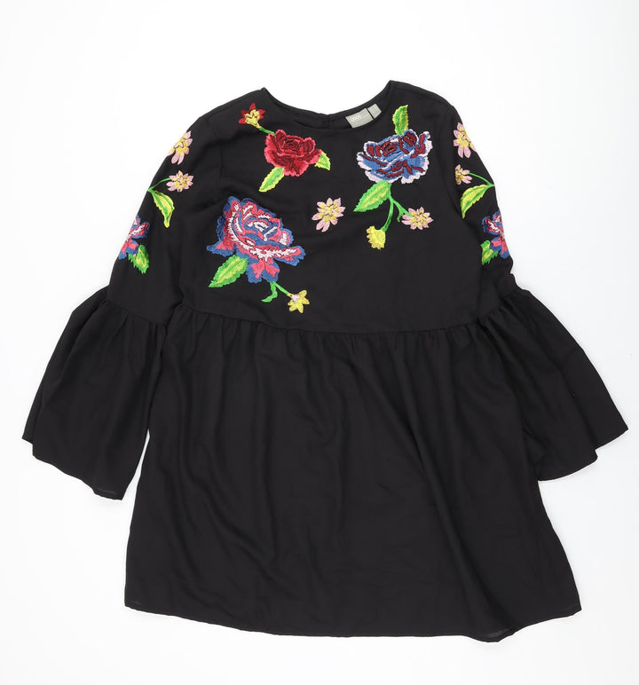 ASOS Womens Black Floral Polyester Shift Size 10 Round Neck Button