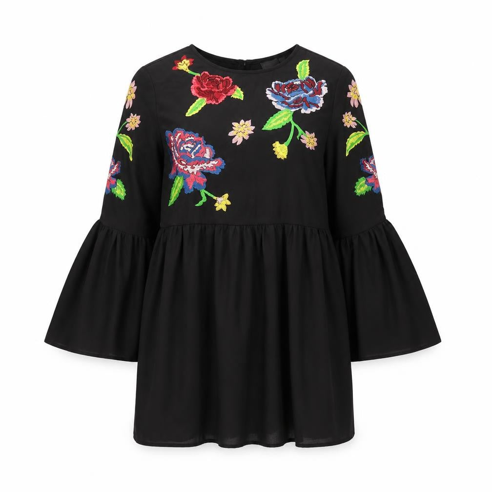 Front view of ASOS women’s black floral polyester shift, size UK 10, round neck button
