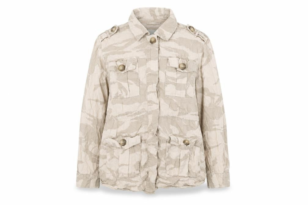 Front view of River Island women’s pink geometric jacket, size L, button