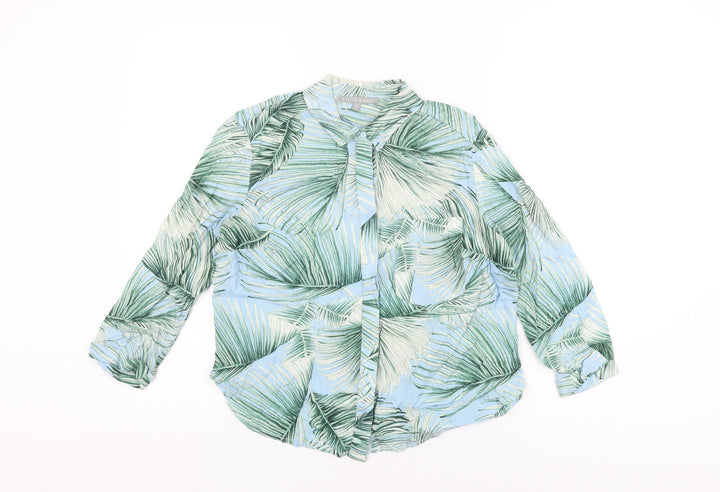 Oliver Bonas Womens Blue Geometric Viscose Basic Button-Up Size 8 Collared
