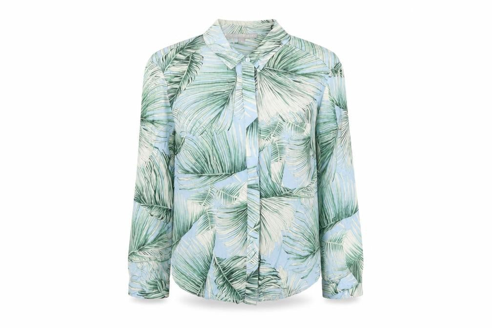 Front view of Oliver Bonas women’s blue geometric viscose basic button-up, size UK 8, collared