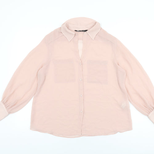 Zara Womens Pink Polyester Basic Button-Up Size M Collared