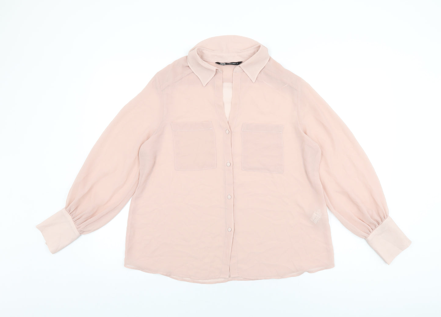 Zara Womens Pink Polyester Basic Button-Up Size M Collared