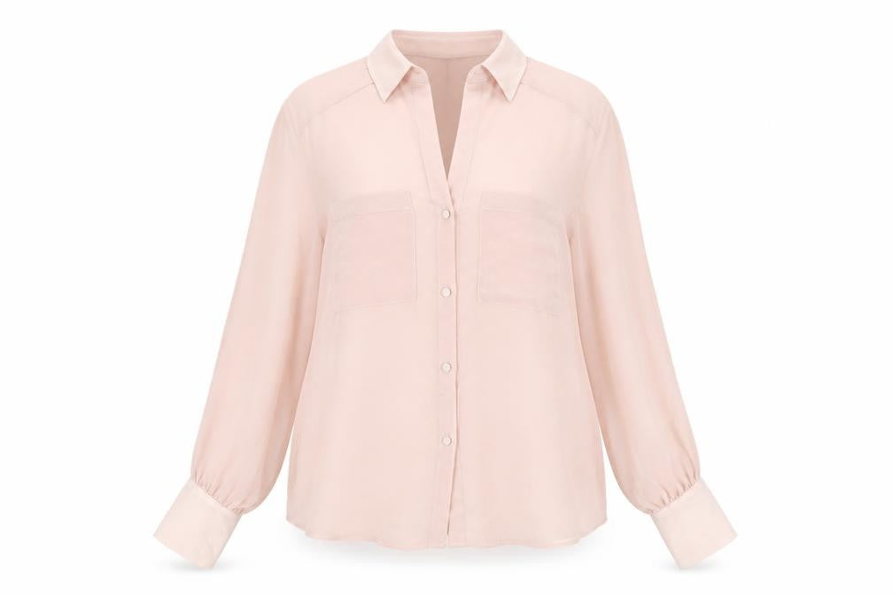 Front view of Zara women’s pink polyester basic button-up, size M, collared