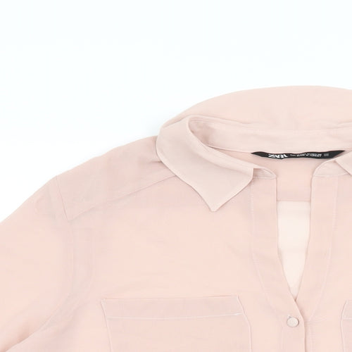 Zara Womens Pink Polyester Basic Button-Up Size M Collared