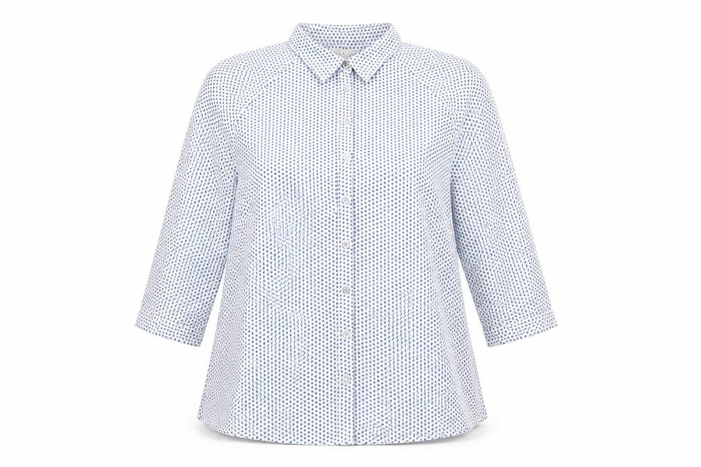 Front view of Lila Rose women’s white geometric polyester basic button-up, size M, collared