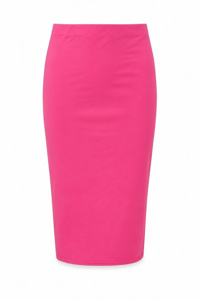 Front view of PRETTYLITTLETHING women’s pink polyester straight & pencil skirt, size UK 10