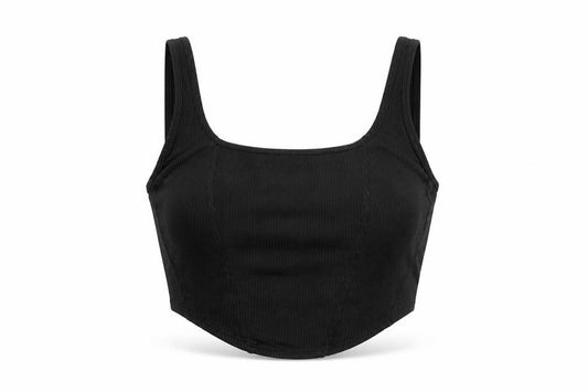 Front view of H&M women’s black polyester cropped t-shirt, size M, square neck