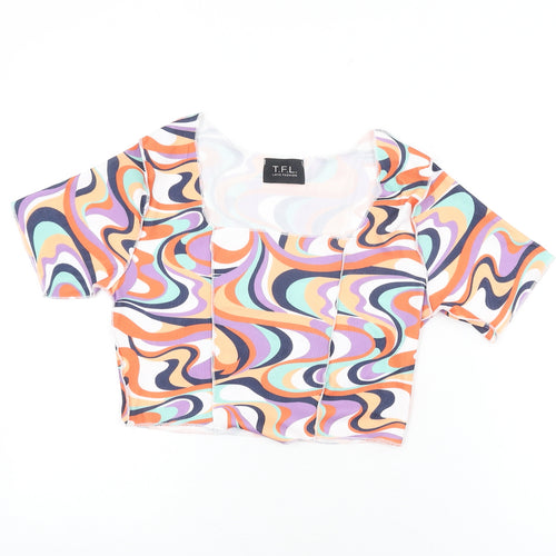 TFL Womens Multicoloured Geometric Polyester Cropped T-Shirt Size 12 Square Neck