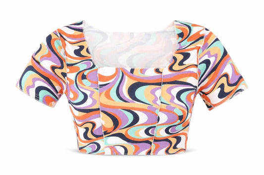 Front view of TFL women’s multicoloured geometric polyester cropped t-shirt, size UK 12, square neck