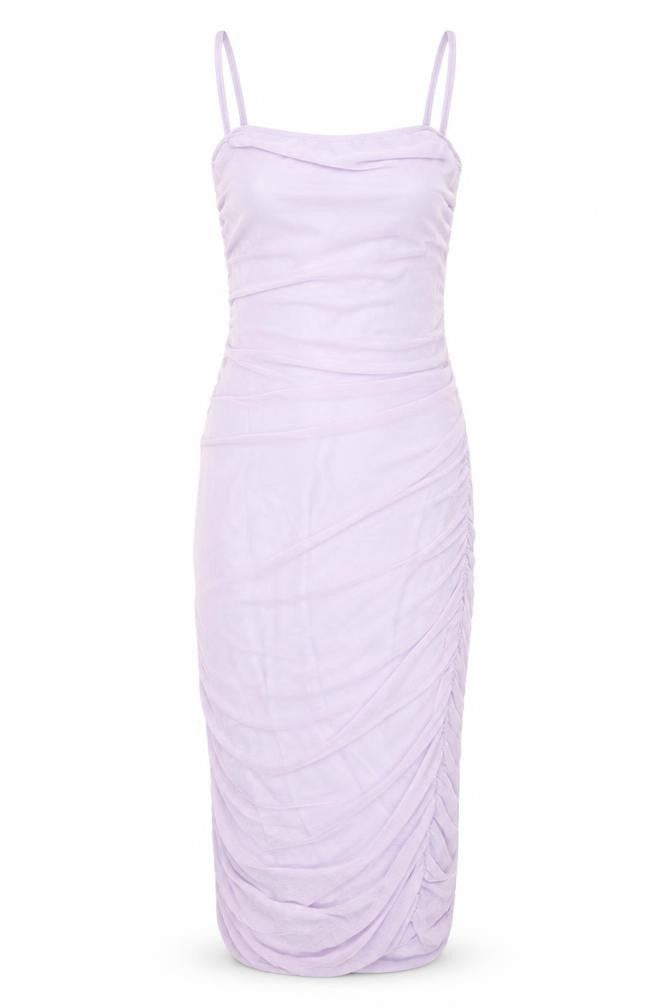 Front view of PRETTYLITTLETHING women’s purple polyester bodycon, size UK 12, square neck pullover