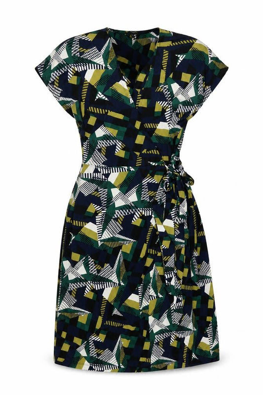 Front view of Next women’s multicoloured geometric polyester wrap dress, size UK 8, v-neck tie