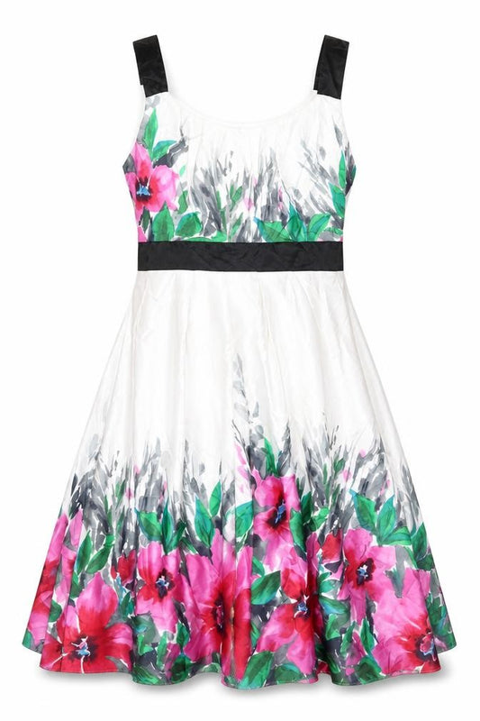 Front view of BHS women’s white floral polyester a-line, size UK 14, round neck zip