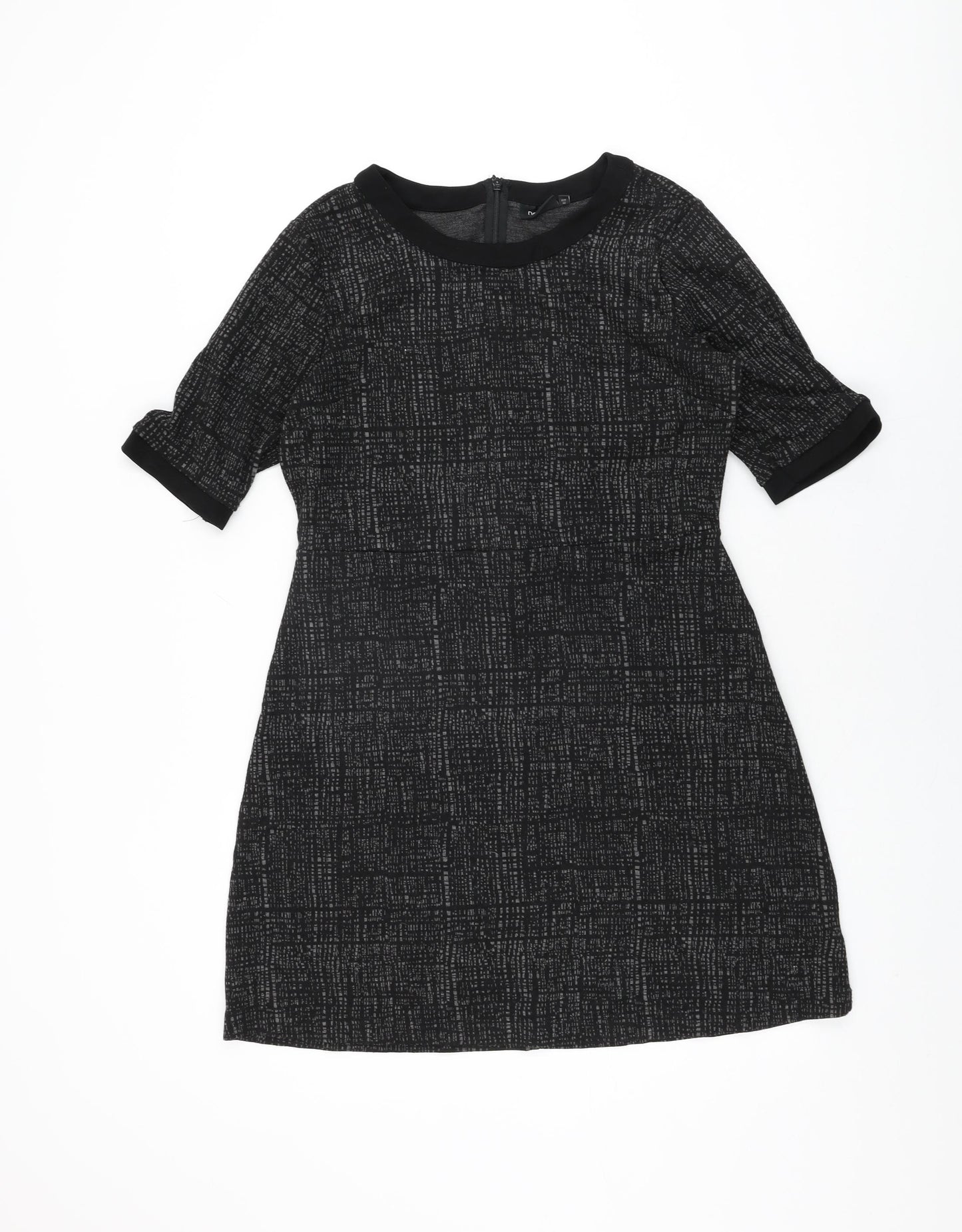 NEXT Womens Black Geometric Viscose Shift Size 14 Round Neck Zip
