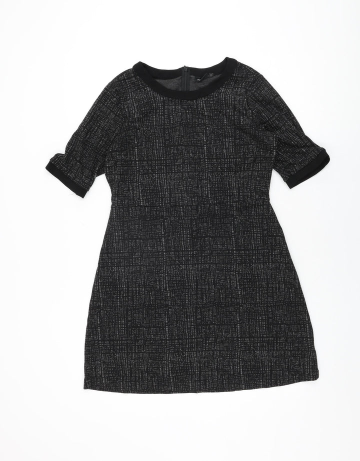 NEXT Womens Black Geometric Viscose Shift Size 14 Round Neck Zip
