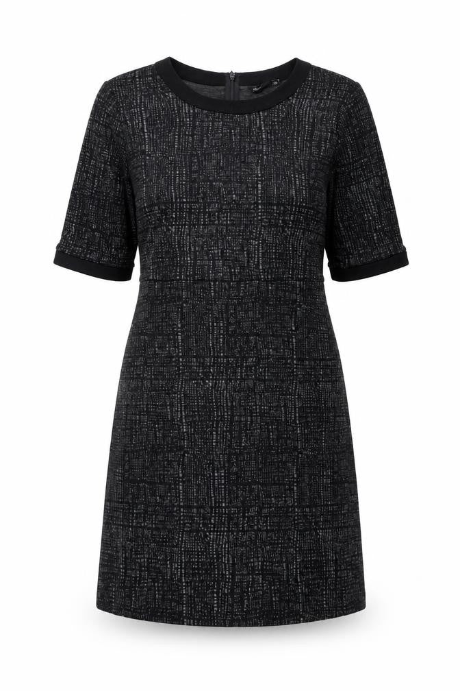 Front view of Next women’s black geometric viscose shift, size UK 14, round neck zip