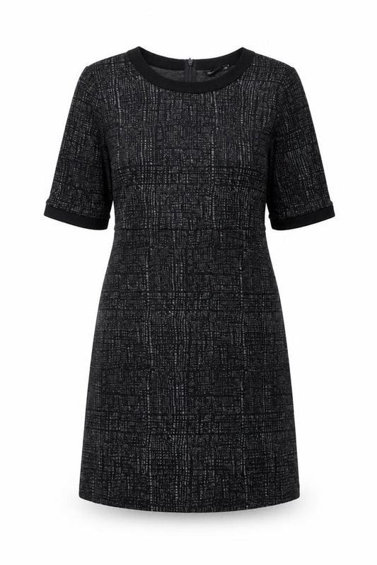 Front view of Next women’s black geometric viscose shift, size UK 14, round neck zip