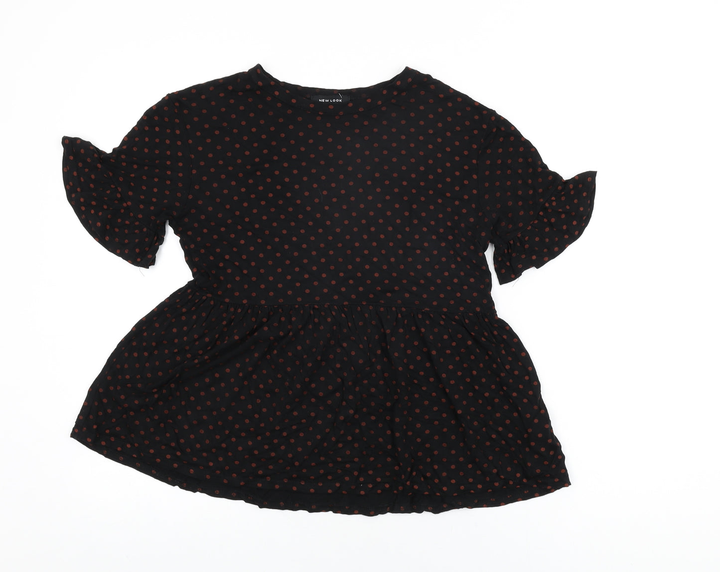 New Look Womens Black Polka Dot Viscose Basic T-Shirt Size 8 Round Neck