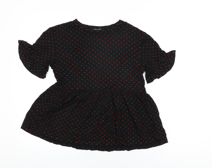 New Look Womens Black Polka Dot Viscose Basic T-Shirt Size 8 Round Neck