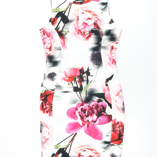 Quiz Womens White Floral Polyester Bodycon Size 10 Round Neck Pullover