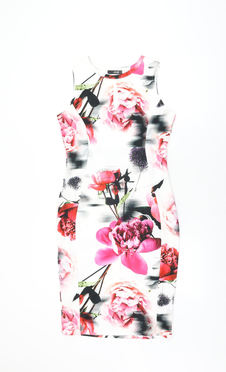 Quiz Womens White Floral Polyester Bodycon Size 10 Round Neck Pullover