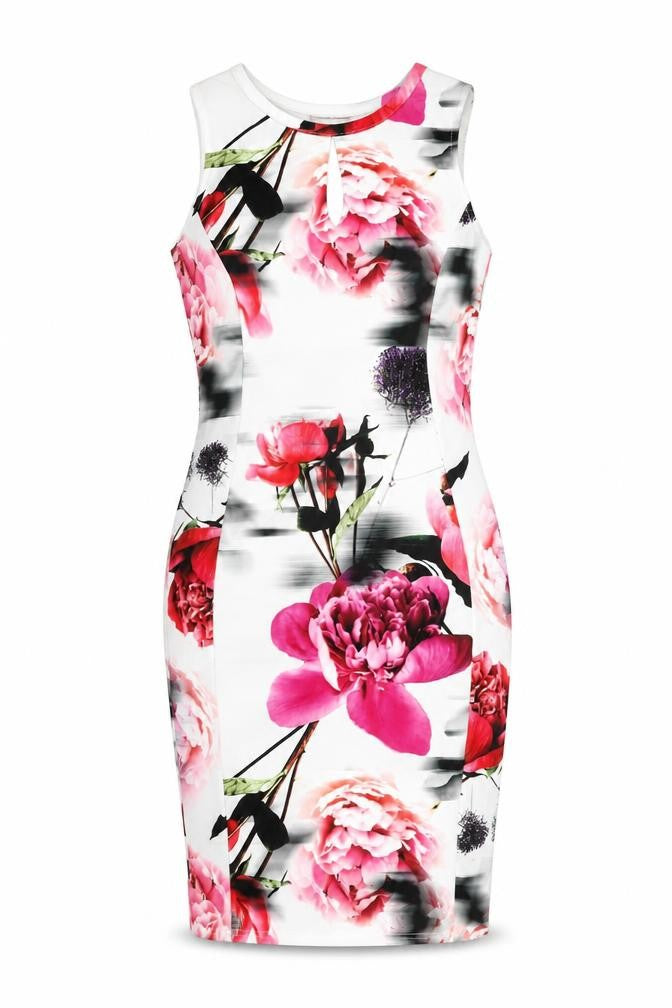 Front view of Quiz women’s white floral polyester bodycon, size UK 10, round neck pullover