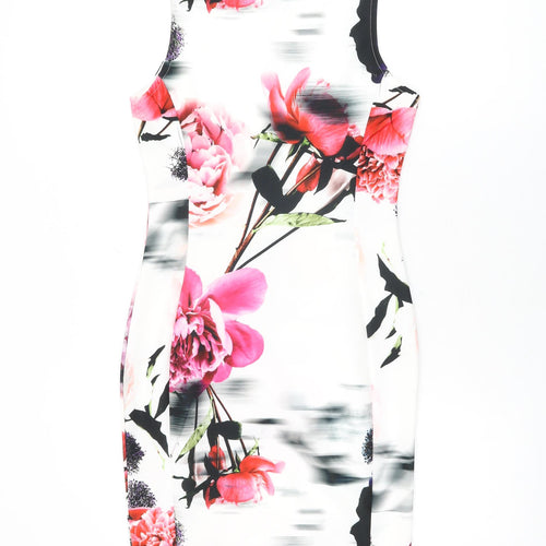 Quiz Womens White Floral Polyester Bodycon Size 10 Round Neck Pullover