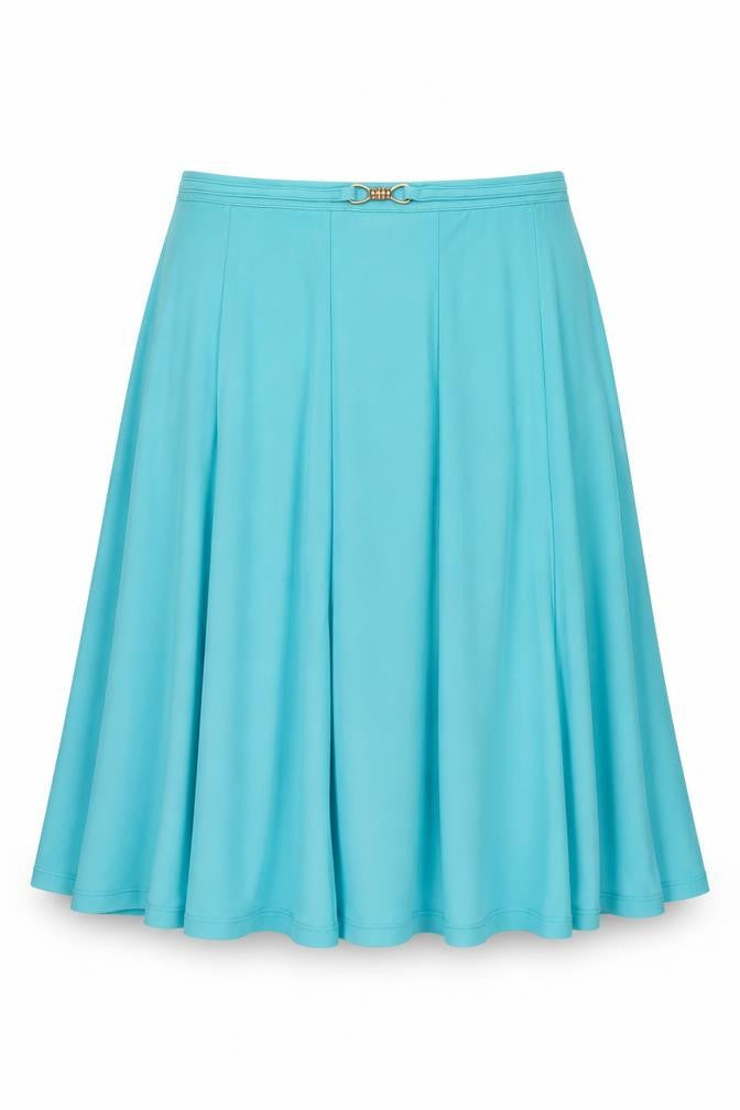 Front view of Bonmarché women’s blue polyester swing skirt, size UK 14