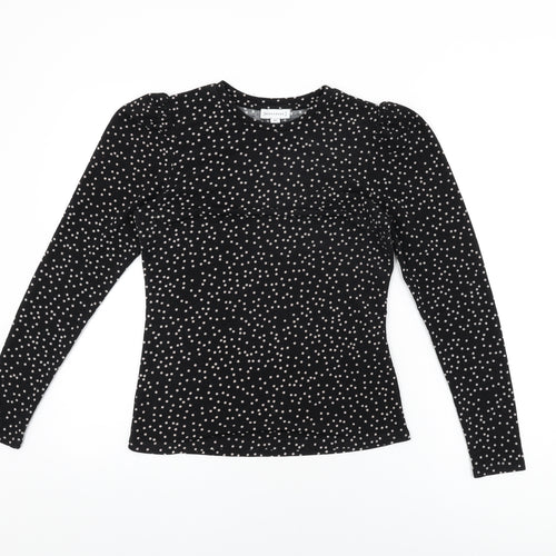 Warehouse Womens Black Polka Dot Polyester Basic T-Shirt Size 10 Round Neck