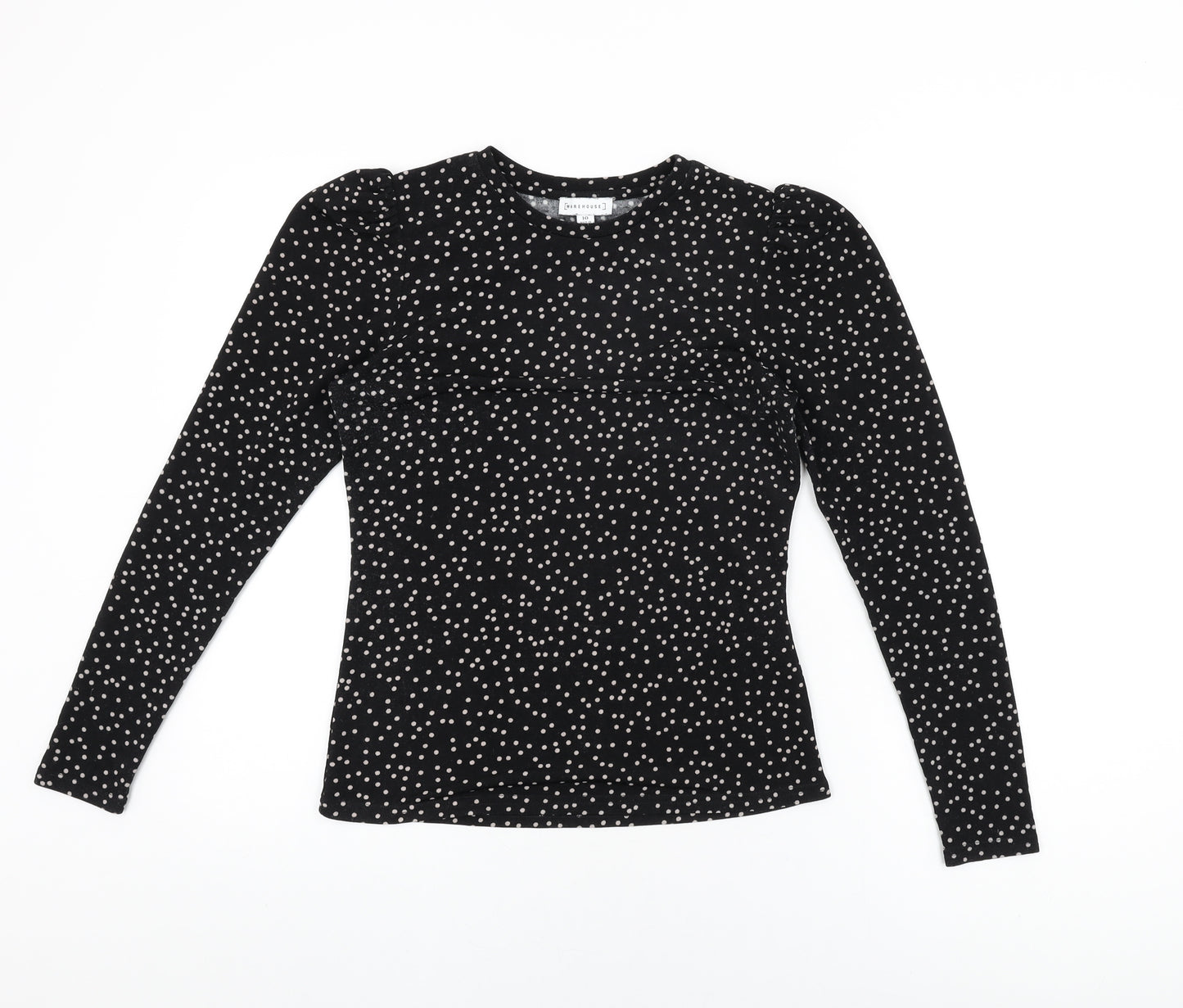 Warehouse Womens Black Polka Dot Polyester Basic T-Shirt Size 10 Round Neck