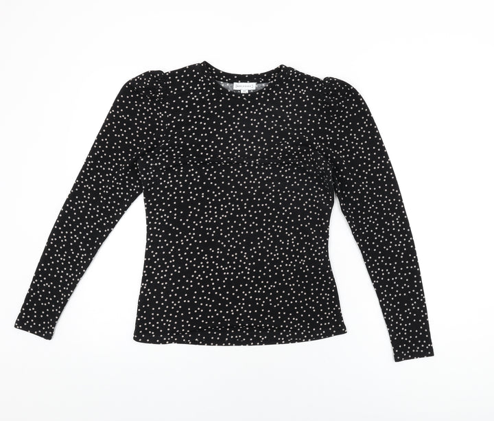 Warehouse Womens Black Polka Dot Polyester Basic T-Shirt Size 10 Round Neck