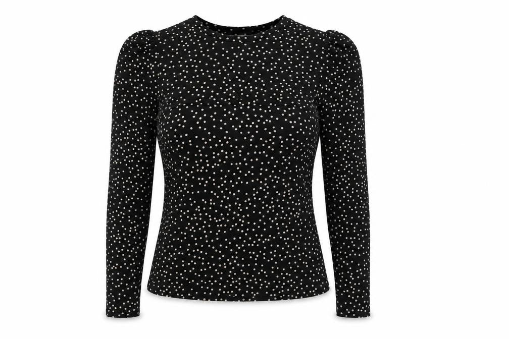 Front view of Warehouse women’s black polka dot polyester basic t-shirt, size UK 10, round neck