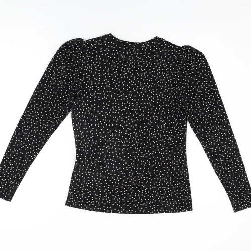 Warehouse Womens Black Polka Dot Polyester Basic T-Shirt Size 10 Round Neck