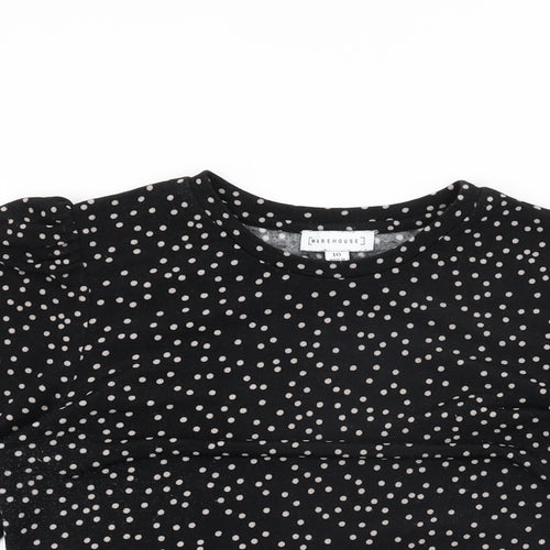 Warehouse Womens Black Polka Dot Polyester Basic T-Shirt Size 10 Round Neck