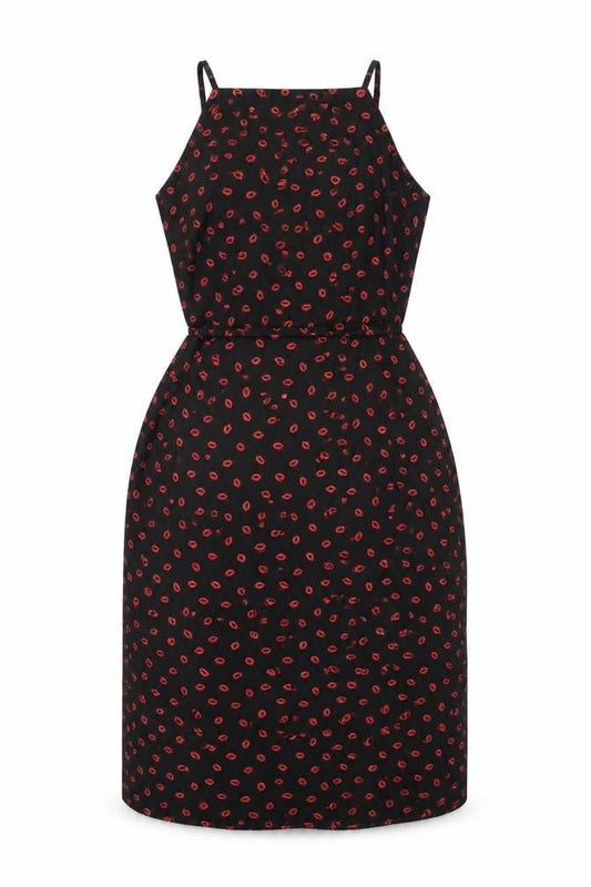 Front view of Oasis women’s black geometric polyester shift, size UK 10, square neck zip