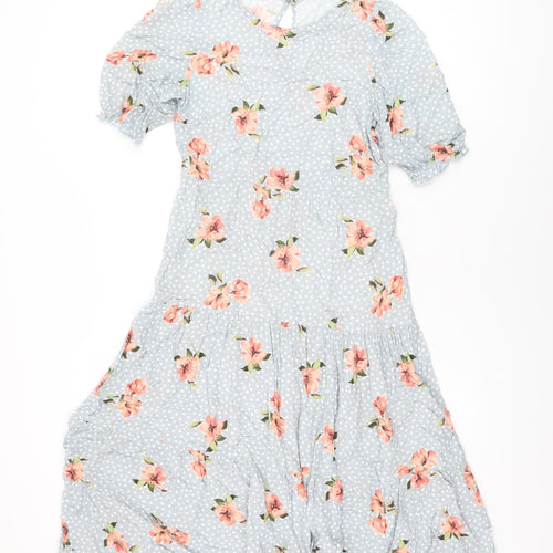 New Look Womens Blue Floral Viscose A-Line Size 8 Round Neck Button