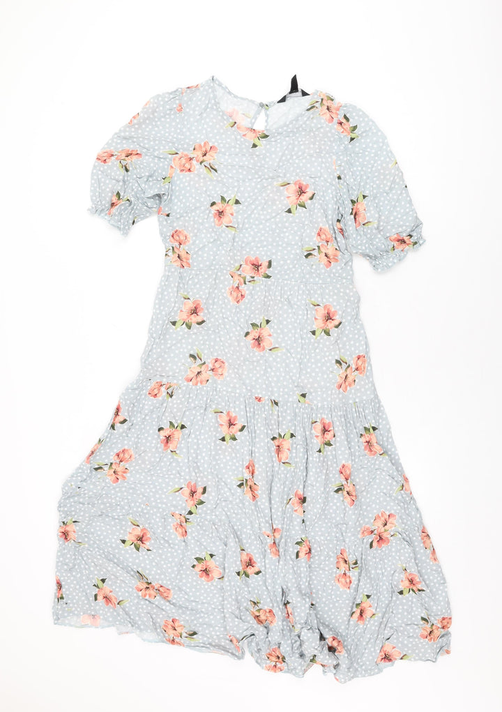 New Look Womens Blue Floral Viscose A-Line Size 8 Round Neck Button