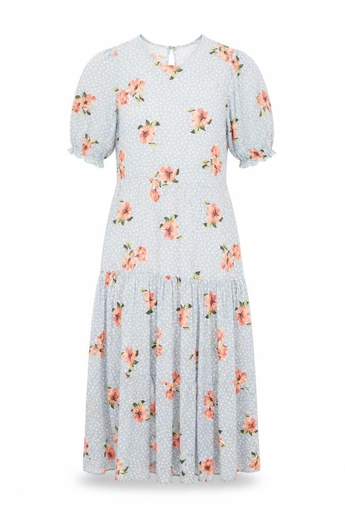 Front view of New Look women’s blue floral viscose a-line, size UK 8, round neck button