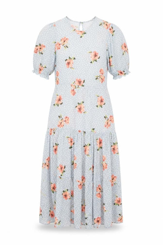 Front view of New Look women’s blue floral viscose a-line, size UK 8, round neck button