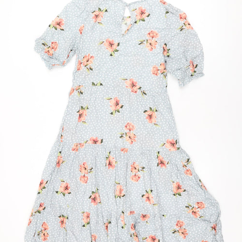 New Look Womens Blue Floral Viscose A-Line Size 8 Round Neck Button