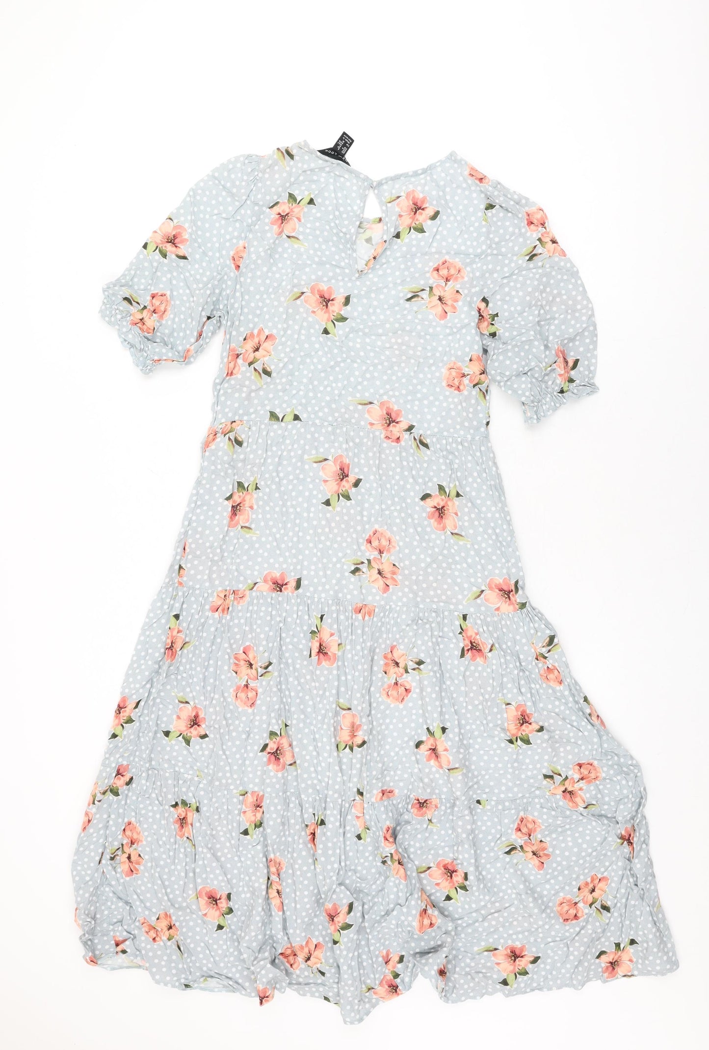 New Look Womens Blue Floral Viscose A-Line Size 8 Round Neck Button