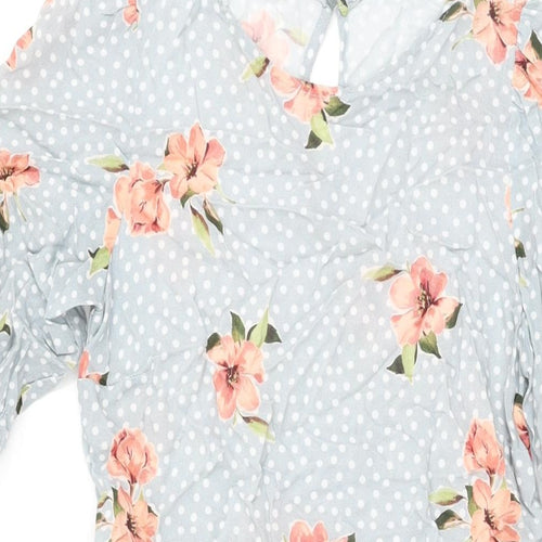New Look Womens Blue Floral Viscose A-Line Size 8 Round Neck Button
