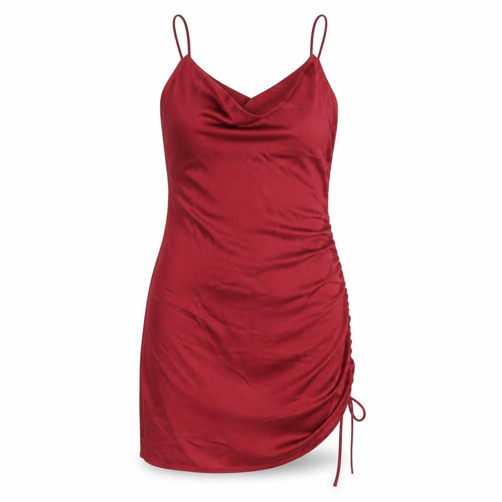 Front view of Topshop women’s red polyester bodycon, size UK 6, cowl neck drawstring