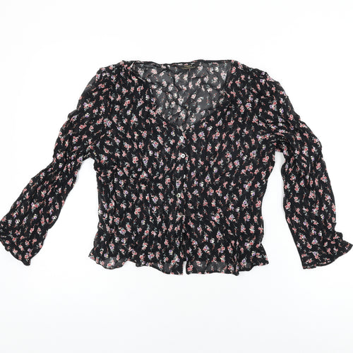 St Michael Womens Black Floral Viscose Basic Button-Up Size 10 V-Neck