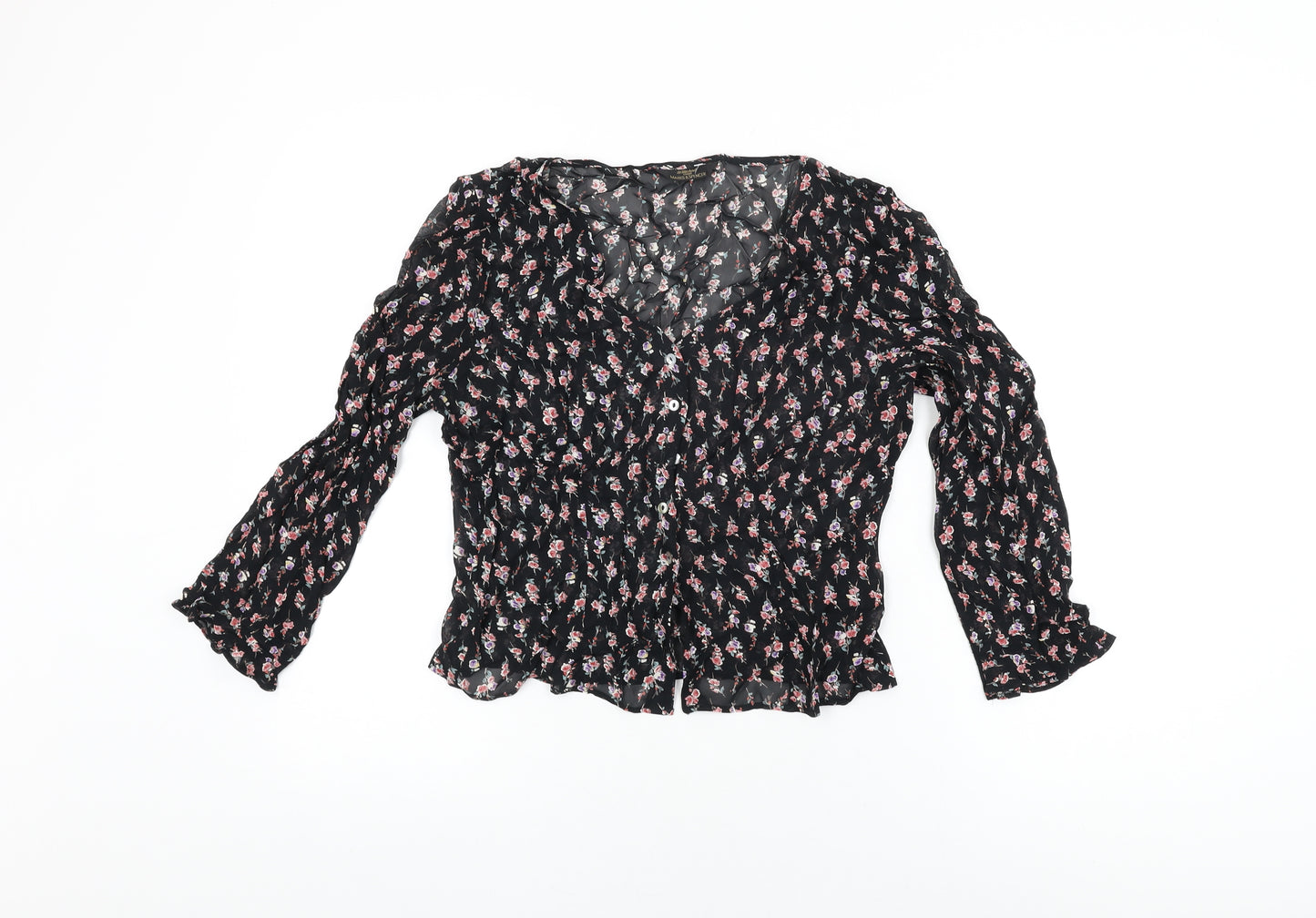 St Michael Womens Black Floral Viscose Basic Button-Up Size 10 V-Neck